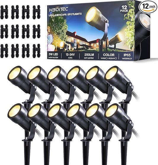 HIBOITEC 12 Pack Low Voltage Landscape Lighting, 5W LED Landscape Spotlights with Fastlock Connectors, 2900K Warm White, 12-24V AC/DC Outdoor Waterproof Spot Light for Trees, Yard & Walls,CRI92+ HIBOITEC