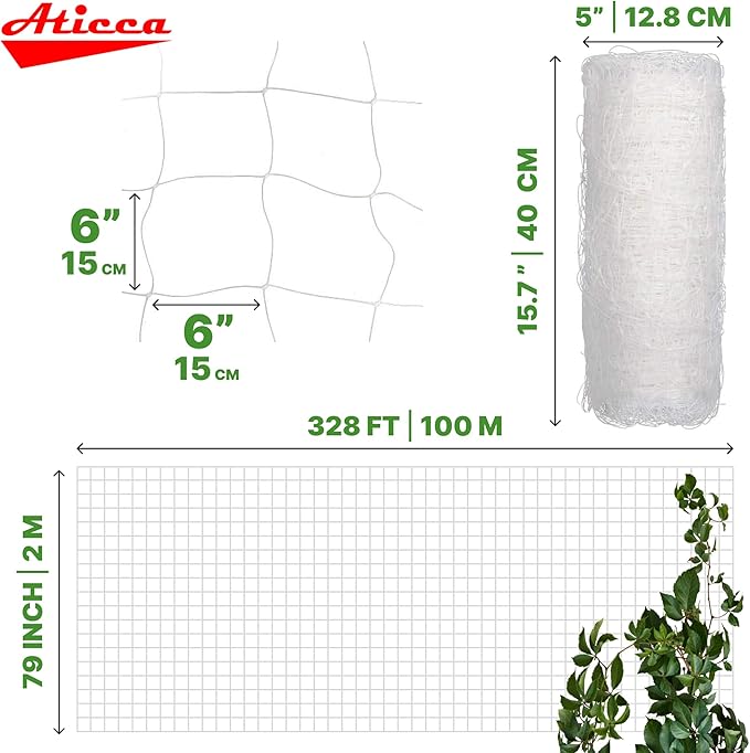 Plastic Trellis Netting 79" x 328 ft Heavy Duty Plant Support Netting White - 6 Inch Garden Trellis on Roll - Mesh for Growing Vine Climbing Plants, Flowers, Peas, and Cucumber Aticca