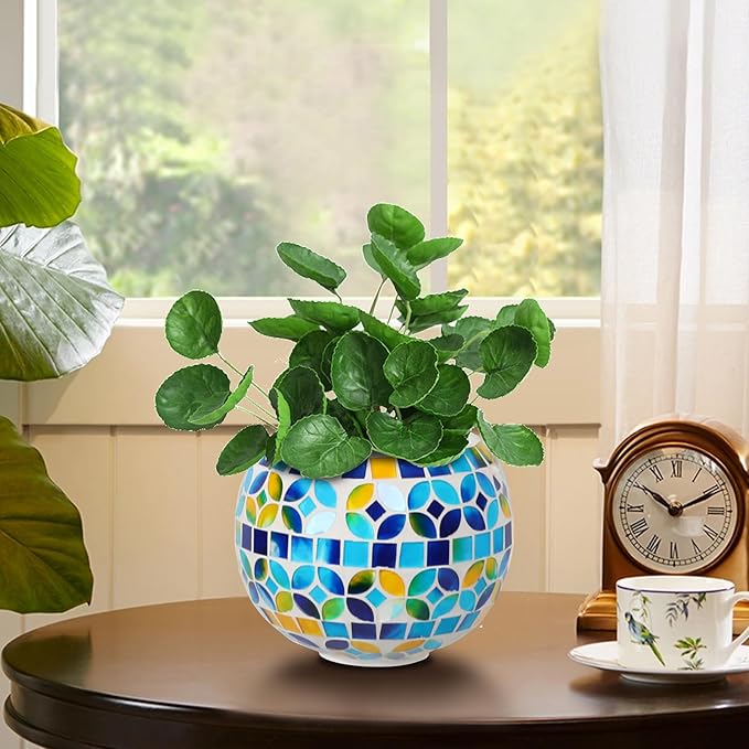 Ceramic Hanging Planter Mosaic Hanging Flower Pot Small Plant Pot for Indoor Plant Disco Ball Planter with Drainage Square Blue Chonsun