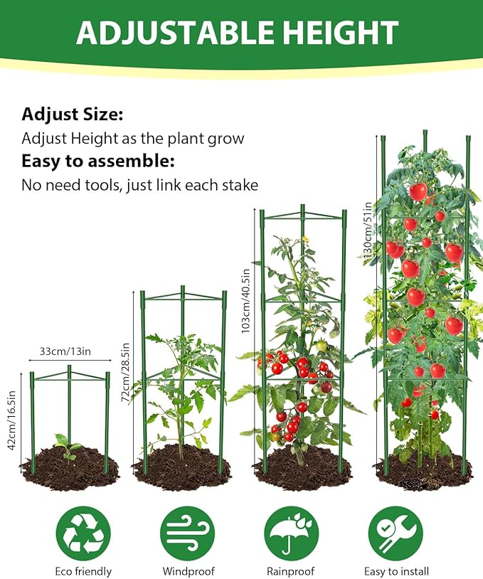 3 Pack Tomato Cages for Garden, 51in*13in Adjustable Tomatoes Plant Stakes Support Cages Trellis, Garden Trellis for Vegetable Flowers Fruits Climbing Plants- 20 Binding Wires Included MYMULIKEHOME
