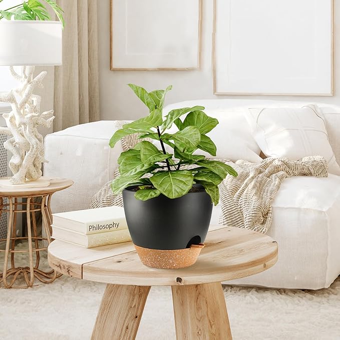 Indoor Pots For Plant Self Watering Plant Pots For Lazy People, 8/7.5/7/6.5/6/5.5/5 Inch,Black Plastic Self Watering Planter For All Houseplants,Succulent, African violets, Flowers And Cactus SESUN-E