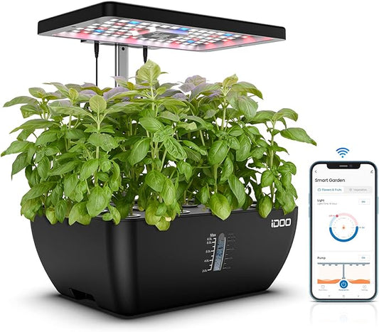 iDOO Hydroponics Growing System Kit 12Pods WiFi, Christmas Gifts for Women Mom, Indoor Herb Garden with LED Grow Light for Home, Built-in Fan, AutoTimer, 6.5L Large Tank Plant Germination Kit, Black idoo