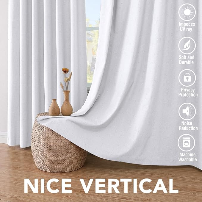 H.VERSAILTEX Linen Blackout Curtains 84 Inches Long 100% Blackout Thermal Insulated Textured Linen Look Curtain Draperies Anti-Rust Grommet, Energy Saving with White Liner, 2 Panels, Bright White HVERSAILTEX