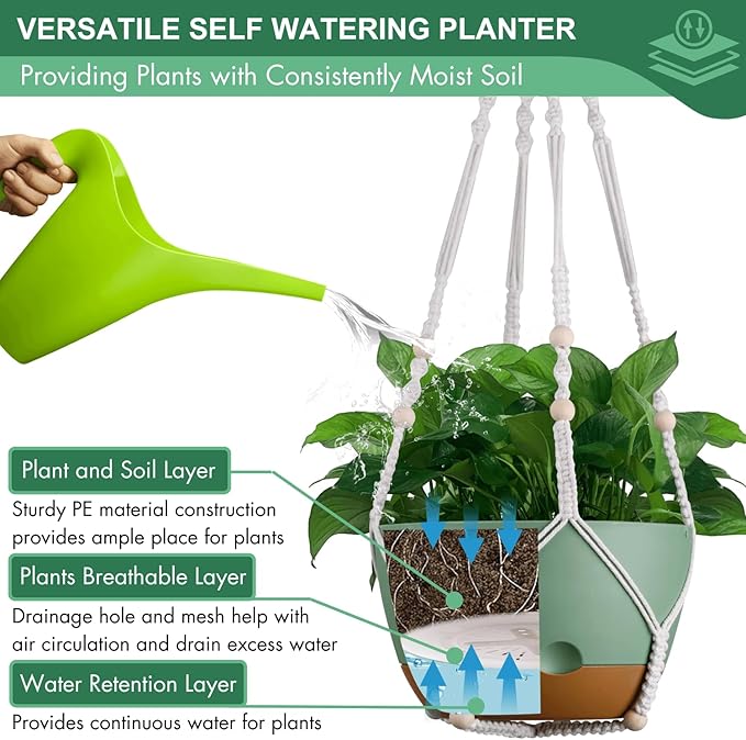 Set of 2-10 Inch Hanging Planters for Indoor Plants with Self-Watering Includes Hanging Pots for Plants, Outdoor Hanging Plant Pot with Drainage, and 2 Types of Baskets Hangers (Green, 10inch) Montresor