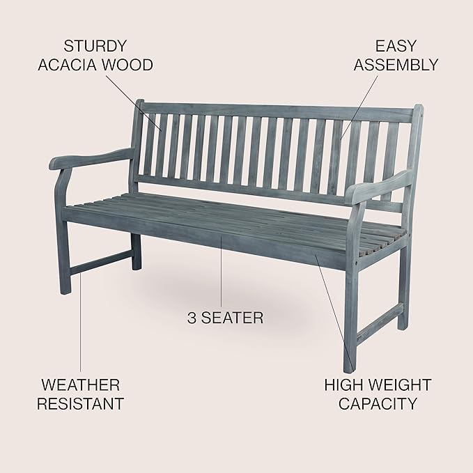 JONATHAN Y BNH101B Laurel 59.1" 3-Seat Slat-Back 600-Lbs Support Acacia Wood Outdoor Garden Patio Bench for Garden, Lawn, Backyard, Pool, Deck, Beach, Firepit, Gray JONATHANY