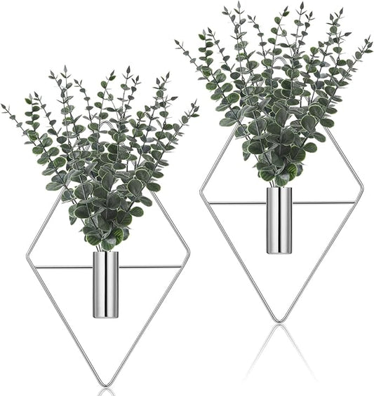 Jexine 4 Pcs Hanging Planters with Artificial Eucalyptus, Chrome Silver Wall Decor Metal Hanging Vase Indoor Plants Holder Modern Geometric Bathroom Decor for Living Room Home Office Jexine