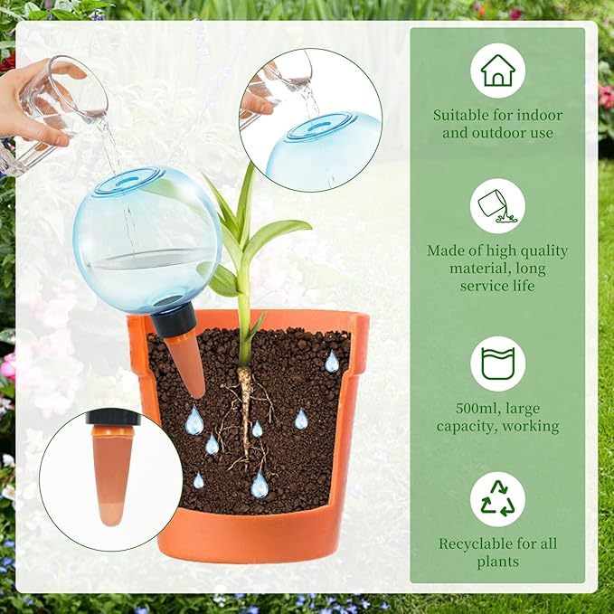 3pcs Large Plant Self Watering Globes, 17.5 oz Plastic Water Bulbs Top Fill, Plant Watering Devices System Slow Release Terracotta, Water Spikes Stakes for Indoor(3pack) GEWOSI