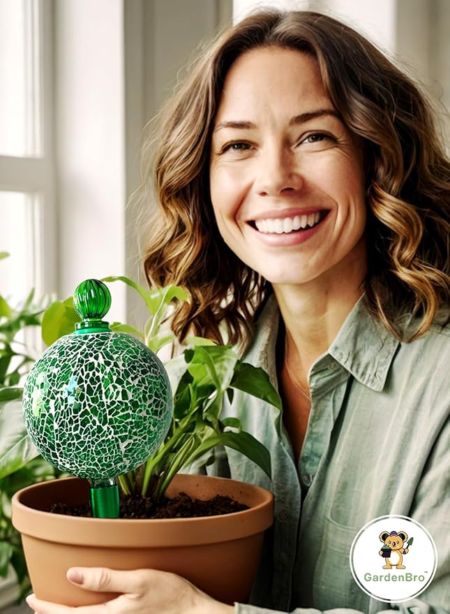 16 Oz Plant Watering Globes for Indoor Plants with Metal Self Watering Planter Insert - Premium XL Glass Hand-Blown Globe - Automatic Plant Waterer Indoor, Gift Idea for Gardeners [1 Globe, Mosaic] GARDENBRO