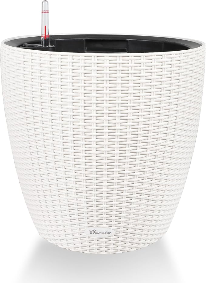 Dexceder 15x14 Rattan Self Watering Planter with Wheels Indoor Outdoor, Inner Pot Design, Thickened Large Floor Standing Flower Plant Pot with Water Level Indicator (Ivory White) Dexceder