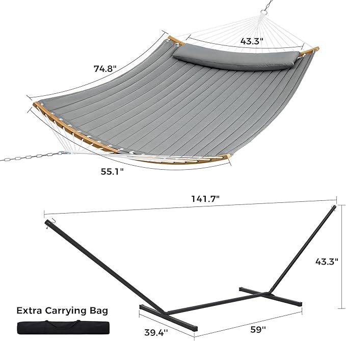 SUPERJARE Hammock with Stand, 2 Person Heavy Duty Hammock Frame, Detachable Pillow & Strong Curved-Bar & Portable Carrying Bag, Perfect for Outdoor & Indoor - Gray SUPERJARE