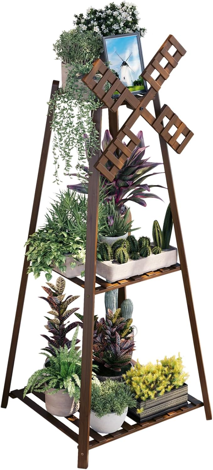 COPREE 3-Tier Tower Plant Stand Display Rack with Windmill Top,Bamboo Vintage Flower Pot Holder Shelf for Patio Balcony Decoration COPREE