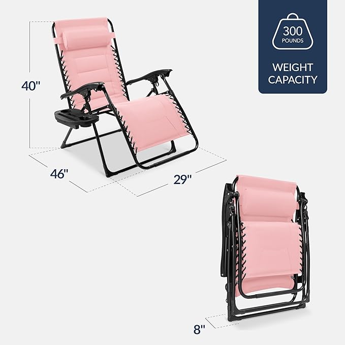 Best Choice Products Oversized Padded Zero Gravity Chair, Folding Outdoor Patio Recliner, XL Anti Gravity Lounger for Backyard w/Headrest, Cup Holder, Side Tray, Polyester Mesh - Bubblegum Pink BestChoiceProducts