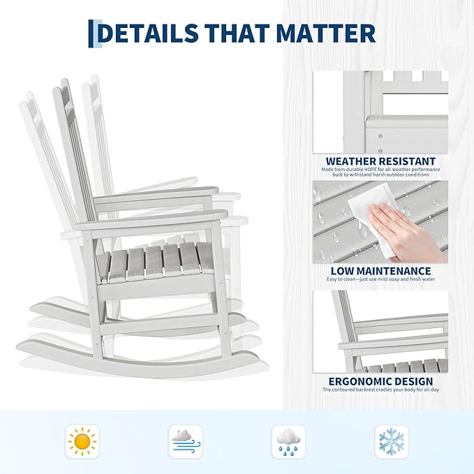 HDPE Rocking Chair Outdoor Set of 2 with Side Table - Poly High Back Porch Rocker Chairs for Adults - All Weather Resistant Furniture for Patio Front Porch - White Garvee