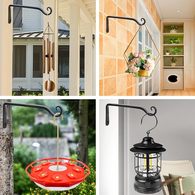 FEED GARDEN Wall Hook Hanging Plant Bracket 10 Inch 2 Pack, Hand-Forged Plant Hanger for Hanging Bird Feeders, Wind Chimes, Flower Baskets, Yoga Mat, Indoor/Outdoor Use, Black FEEDGARDEN