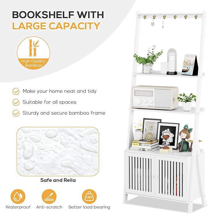 4-Tier Ladder Shelf with Drawers 59.5"H x 24.8"L x 10.6"W, Ladder Bookshelf with 6 Hooks, Tall Narrow Retro Bookcase, Freestanding Storage Shelf for Living Room, Home Office, Bedroom, White OAKVIVOElegantLifestyle