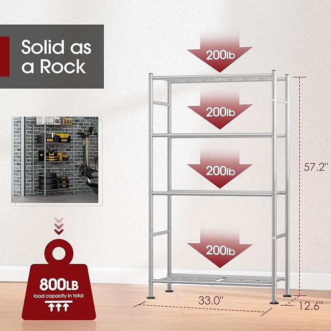 Storage Shelves - 4 Tier Shelf Organizer, Heavy Duty Garage Shelving Unit with Leveling Feet, Stable Metal Shelves Organizer for Pantry, Kitchen and Closet, 33.0" W x 12.6" D x 57.2" H, Silver Sakugi