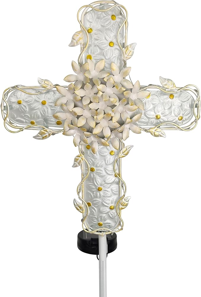 38Inch Solar Cross Garden Lights Outdoor Decorative - Solar Metal&Glass Cross White Hydrangea Flower Stake Lights- Waterproof 20 Warm White LED for Remembrance Gifts & Sympathy Gifts. COOZZYHOUR