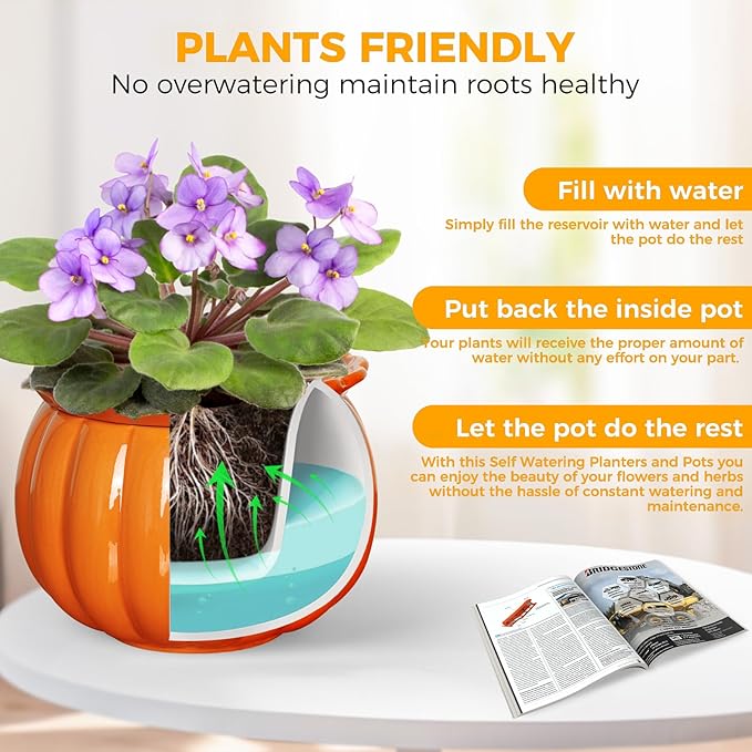 BUYMAX African Violet Pots, Halloween Pumpkin Plant Pots Ceramic Easy Self Watering Plant Pot for Busy Plant Lovers, Automatically Absorb Appropriate Amount of Water, Flower Pot Indoor BUYMAX