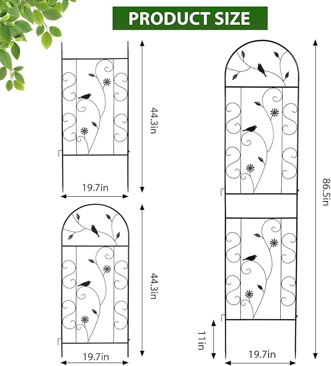 Metal Garden Trellis for Climbing Plants, 2 Pack 86.5" x 19.7" Black Plant Trellis Outdoor, Clematis Rrellis Outdoor, Arched Decoration Suitable for lawns, Gard FHWTY