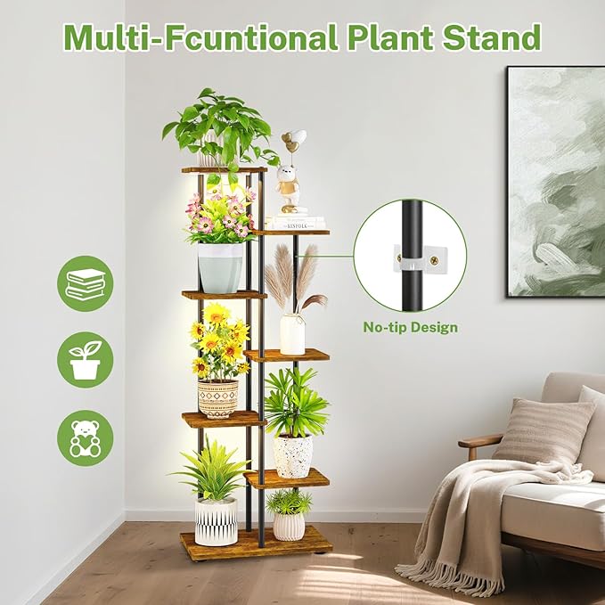 iDavosic.ly 6 Tier Tall Plant Stand Indoor with Light, Tiered Corner Metal Wood Multiple Flower Holder Shelf, 50 Inch Display Grow Rack for Living Room Bedroom, Modern Black & Rustic Brown iDavosicly