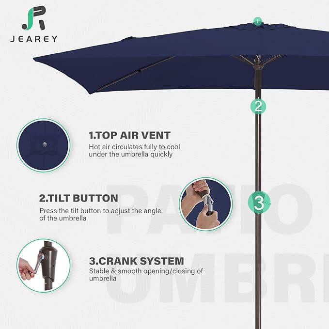 JEAREY 6.5x10 ft Rectangular Patio Umbrellas Rectangle Outdoor Umbrella with Push Button Tilt and Crank, Market Table Umbrella 6 Sturdy Ribs UV Protection for Poolside Garden Backyard Deck, Navy JEAREYOutdoorsCollection