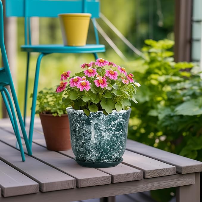 Ceramic Pots for Plants - 5.6 Inch Planter for Indoor Outdoor, Small Flower Pot with Drainage Hole and Saucer, Round Modern Succulent Planters, Home Room Desk Decor, Women Gifts, Green SUNPOTFOR