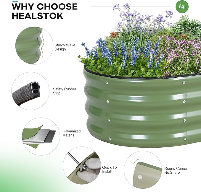Galvanized Raised Garden Bed Outdoor, 4x2x1ft Oval Metal Raised Beds for Gardening, Rust-Resistant Garden Planter Box with Tools for Planting Vegetables, Flowers, Fruits in Lawn (Olive Green) HEALSTOK