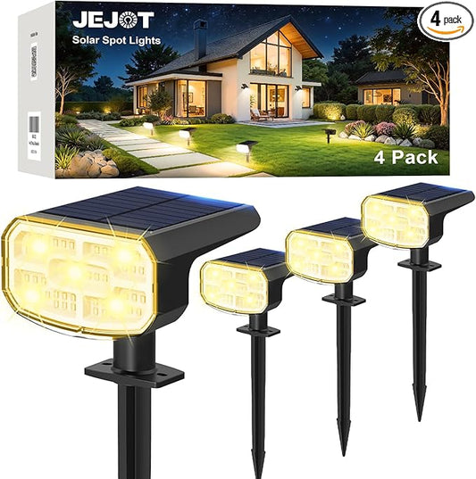 Solar Lights Outdoor Waterproof IP65, Super Bright LED, 3000K 2 Lighting Modes, Solar Powered Yard Garden Solar Spot Lights for Outside Landscape Auto On/Off -4 Pack JEJOT