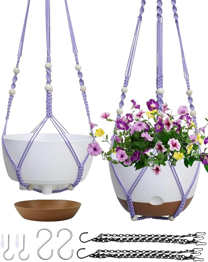 2 Pack Hanging Planters Set,10 Inch Indoor Outdoor Hanging Plant Pot Basket,Hanging Flower Pot with Drainage Hole with 3 Hooks for Garden Home(Purple Hanger White Planters) Koalaime