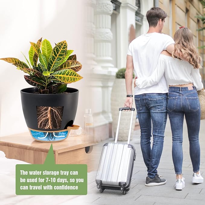 10/9/8 inch Self Watering Pots, Set of 3 Plastic Planters with Mesh Drainage Holes and Deep Reservoir for Indoor Outdoor Garden Plants and Flowers, Black with Brown UOUZ