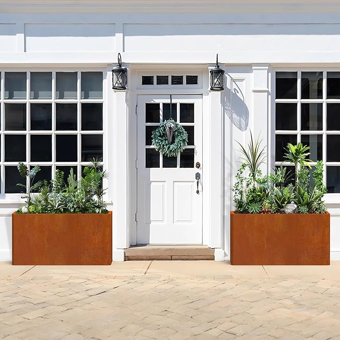 Metal Planter Box - 25x11x13H Inch, Co rten Steel Planter for Patio, Garden, Porch - Brown Ganeekiron