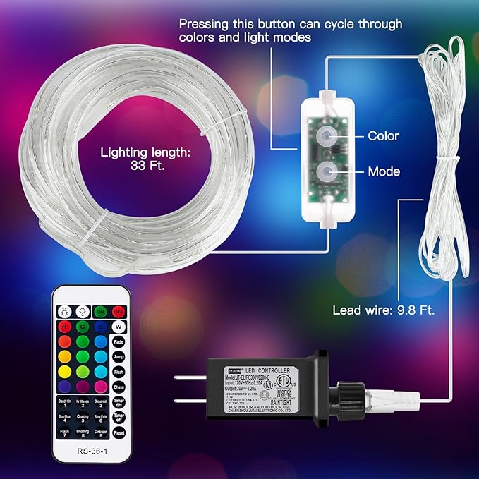 Minetom Color Changing Rope Lights Outdoor, 33FT 100 LED String Lights with Plug & Remote, Waterproof Christmas Light Outdoor Decoration, Twinkle LED Rope Light for Outside Indoor Bedroom,16 Colors Minetom