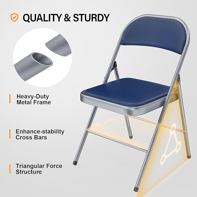 VINGLI 10 Pack Folding Chairs with Padded Seats, Metal Frame with Pu Leather Seat & Back, Capacity 350 lbs, Blue VINGLI