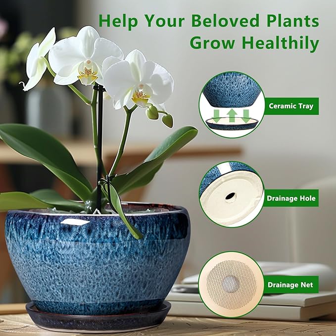 Ceramic Plant Pots 13 Inch - Indoor Planter with Drainage Hole and Saucer, Decorative Large Planter for Indoor Outdoor Plants, Ceramic Flower Pots, Gifts for Plant Lovers, House Decor, Blue Ceramicfor