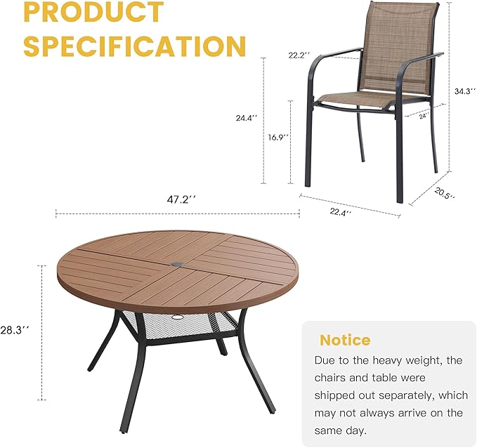 VICLLAX Patio Table and Chair Set of 6, All Weather Metal Round Outdoor Dining Furniture Set-47 Round Outdoor Table and Chairs, Walnut Wood Grain Tabletop HOME