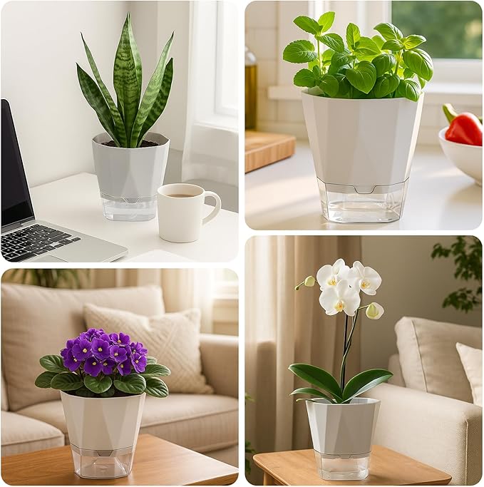 5 Pack Self Watering Pots for Indoor Plants 6.7 Inches Self Watering Planters African Violet Self Watering Pots Clear Pot for Herb Orchid Flower Houseplant, Light Grey Planterhoma
