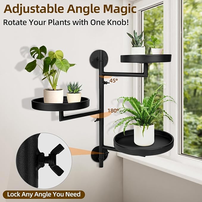 Rotating Window Plant Shelves with Adjustable Knobs, 3 Tiers Metal Wall Shelf for Plants Indoor, Sturdy Hanging Plant Holder, Window Wall Decor & Gardening Gifts (Black) Rootora
