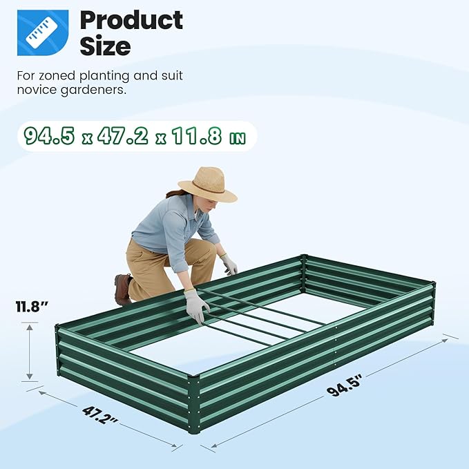 Quictent Galvanized Raised Garden Bed 8x4x1 Ft Metal Planter Box for Vegetables Bottomless for Backyard, 2 Tomato Cages Included, Green 2PCS QUICTENT