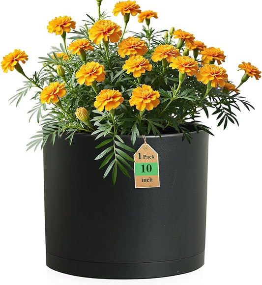 10 Inch Round Plastic Plant Pot with Drainage Holes and Saucer, Wide Flower Pots for Indoor & Outdoor Plants– 7.9" Tall Modern Cylinder Planter Pot for House Plants and Home Decorative, Matte Black WSMKSZ