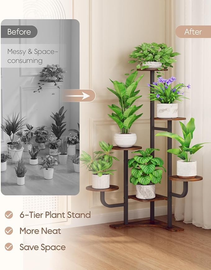 Corner Plant Stand Indoor - 6 Tiered Indoor Plant Stand Round Metal Plant Shelf, Plant Organizer for Living Room, Graden, Balcony, Home Decor (Brown) Homsorout