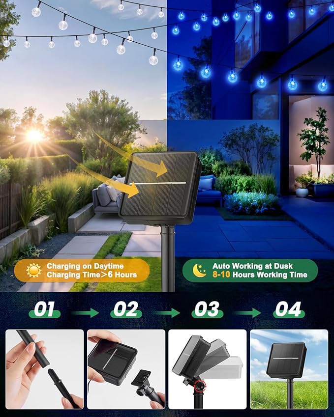Solar String Lights Outdoor Waterproof, 2 Pack 60 LED 36.5 FT Each, 8 Lighting Modes Solar Powered Patio Lights for Garden Yard Porch Wedding Party Decor (Blue) Brightown
