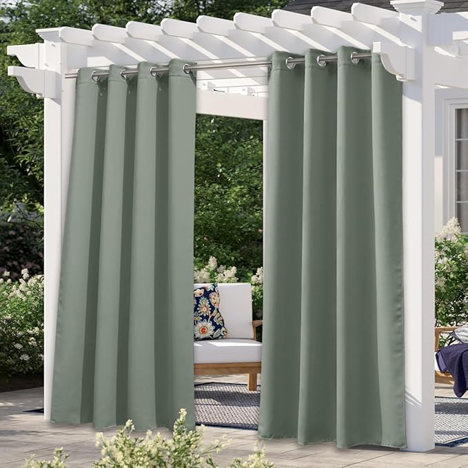 NICETOWN Patio Curtain for Outdoor Waterproof 120 inch Long, Extra Long Rustproof Grommet Thermal Insulated Sun Blocking Outdoor Drapes Privacy for Porch/Gazebo, 52" Wide, Sage Green, 1 Panel NICETOWN