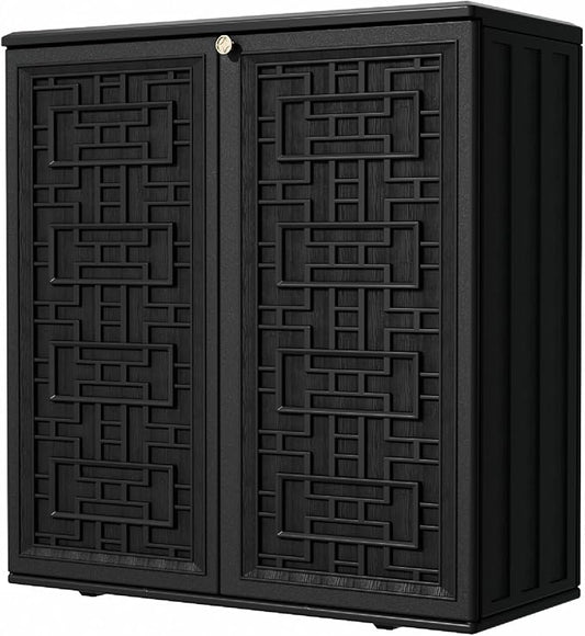 Outdoor Storage Cabinet Waterproof with Shelf,Resin Storage Sheds Outdoor Cabinets for tub Towels/Chemicals/Grill Items/Patio/Garden/Backyard, Size 34.3''L*15''W*36.2''H（Black） Mrosaa
