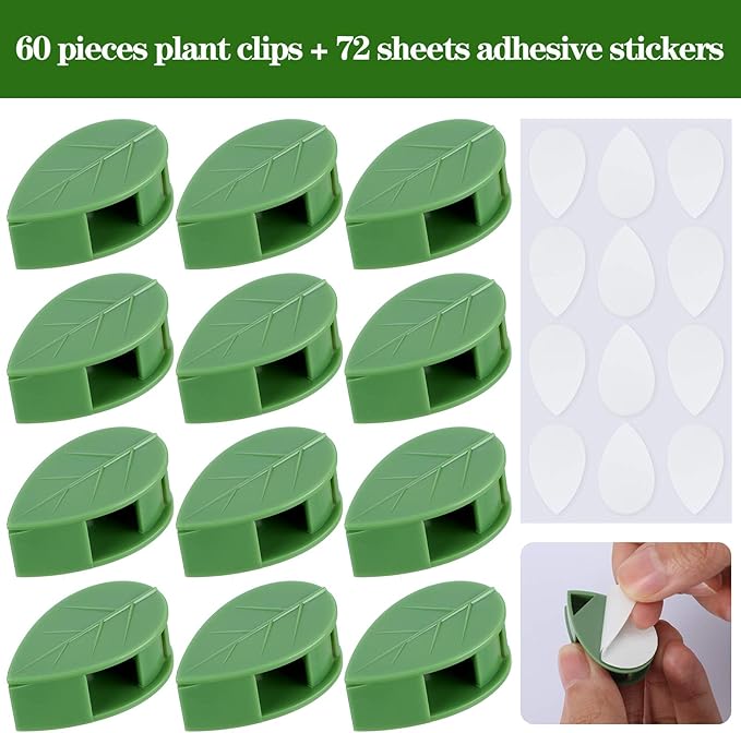 Geiserailie 60 Pieces Plant Climbing Wall Fixture Clips with 72 Pieces Acrylic Adhesive Sticker Leaf Fixer Invisible Wall Vines Fixing Clips Hook Plant Vine Traction for Indoor Outdoor Decoration Geiserailie