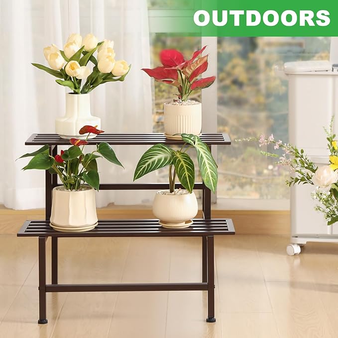 Metal Plant Stand Outdoor Plant Shelf Indoor,2 Tier Heavy Duty Ladder Plant Stands for Multiple Plants,26" L x 20.25" H x 17.75" W,Coffee Dipion