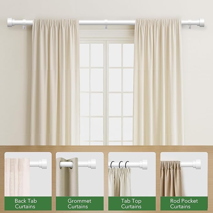 Curtain Rods for Windows 28 to 48, 1 Inch Adjustable White Heavy Duty Curtain Rod, Modern Style Indoor Outdoor Drapery Rods with End Caps, Size 32" - 60" TimeForest