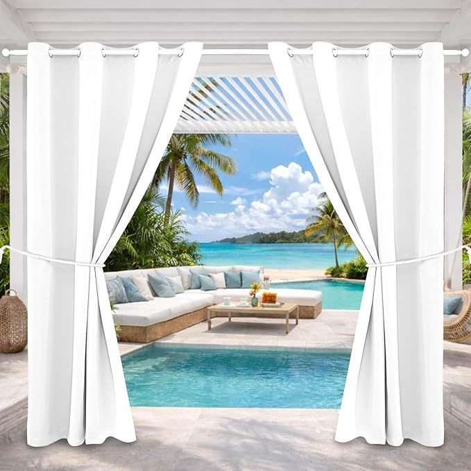 Water Proof Outside Curtains with Grommet Top for Porch, W52 x L72 Thermal Insulated Washable Light Block Outdoor Divider Drapes for Patio Pool Area Pergola Cabana (Pure White, 2 Panels) DivaenCamino