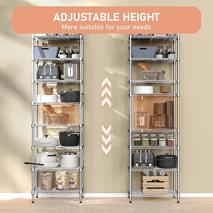 8 Tier 2000 lbs Storage Rack Metal Wire Shelving Unit, Storage Standing Shelf Organizer for Laundry Bathroom Kitchen Pantry Closet Garage Utility Room, Chrome 13.8" D x 23.6" W x 79.5" H MEIGAOPLASTICANDMETALHKCOLIMITED