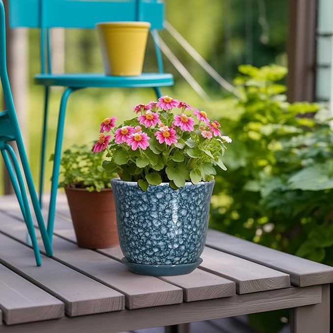Ceramic Pots for Plants - 5.6 Inch Plant Pot for Indoor Outdoor, Round Succulent Orchid Pot with Drainage Hole and Saucer, Modern Small Flower Pot, Room Home Decor, Plant Lover Gifts, Blue SUNPOTFOR