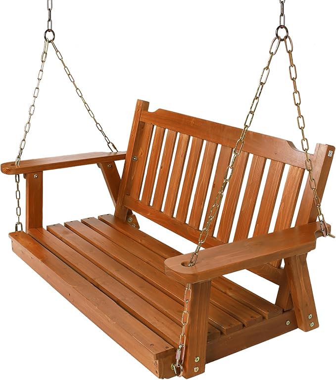 Wooden Porch Swing 2-Seater, Bench Swing with Hanging Chains, Heavy Duty 800 LBS, for Outdoor Patio Garden Yard, 4 Ft, Brown Anraja